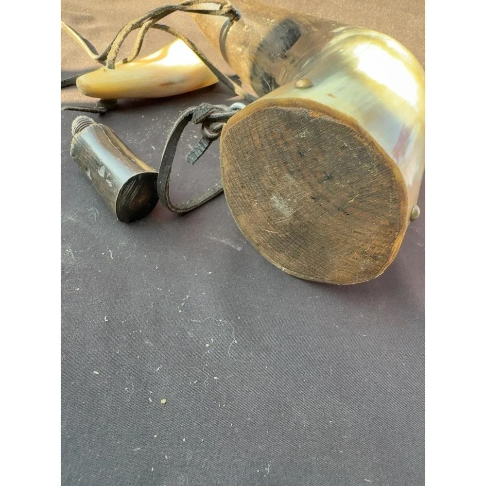 Vintage Black Powder Cow Horn Powder Horn Flask w/ Horn Charger Leather Strap